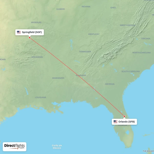 Springfield - Orlando direct flight map