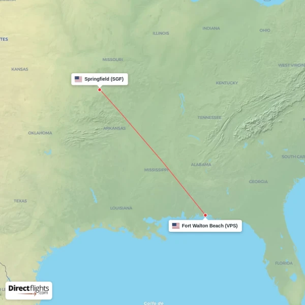 Springfield - Fort Walton Beach direct flight map
