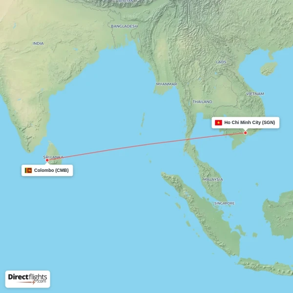 Ho Chi Minh City - Colombo direct flight map