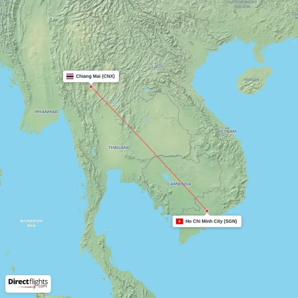Ho Chi Minh City - Chiang Mai direct flight map