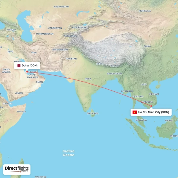 Ho Chi Minh City - Doha direct flight map