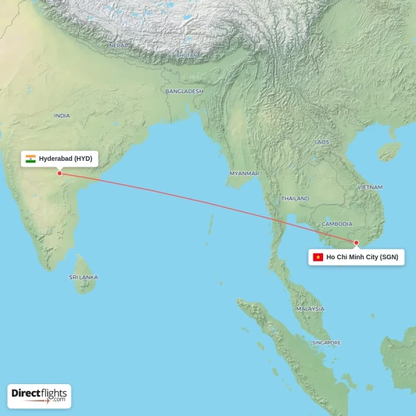 Ho Chi Minh City - Hyderabad direct flight map