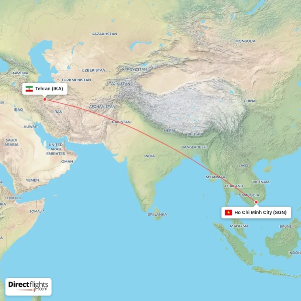 Ho Chi Minh City - Tehran direct flight map