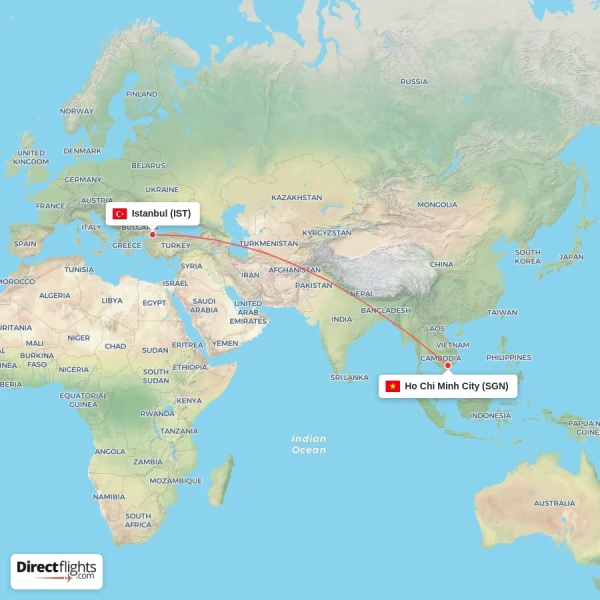 Ho Chi Minh City - Istanbul direct flight map