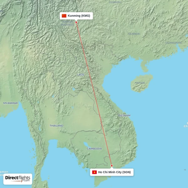 Ho Chi Minh City - Kunming direct flight map