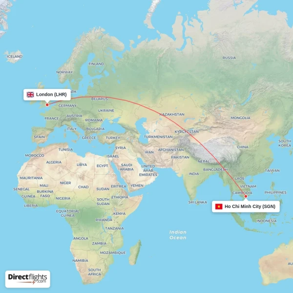 Ho Chi Minh City - London direct flight map