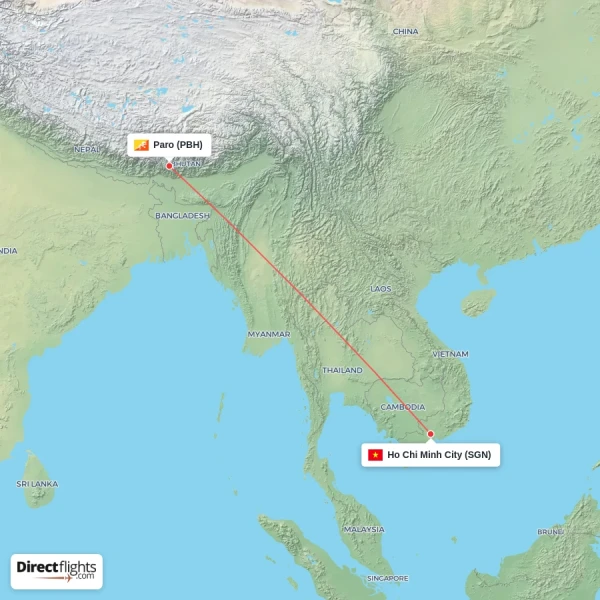 Ho Chi Minh City - Paro direct flight map