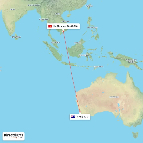 Ho Chi Minh City - Perth direct flight map