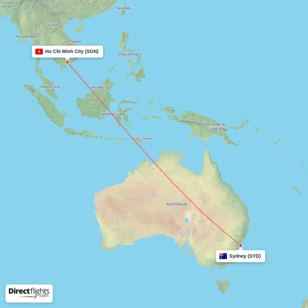 Ho Chi Minh City - Sydney direct flight map