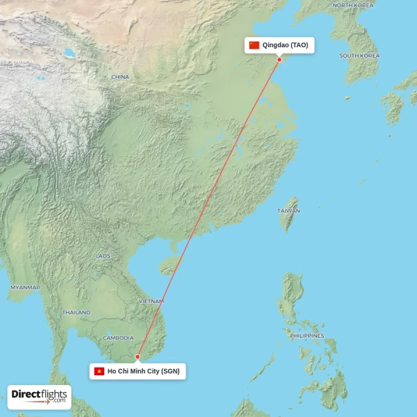 Ho Chi Minh City - Qingdao direct flight map