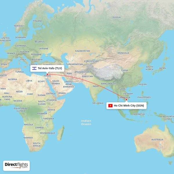 Ho Chi Minh City - Tel Aviv-Yafo direct flight map