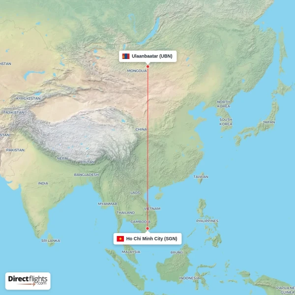 Ho Chi Minh City - Ulaanbaatar direct flight map
