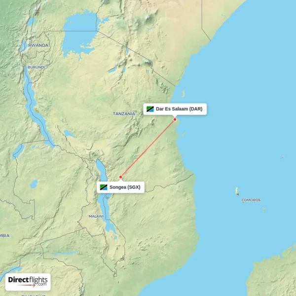 Songea - Dar Es Salaam direct flight map