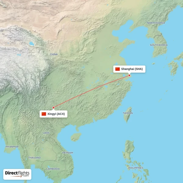 Shanghai - Xingyi direct flight map