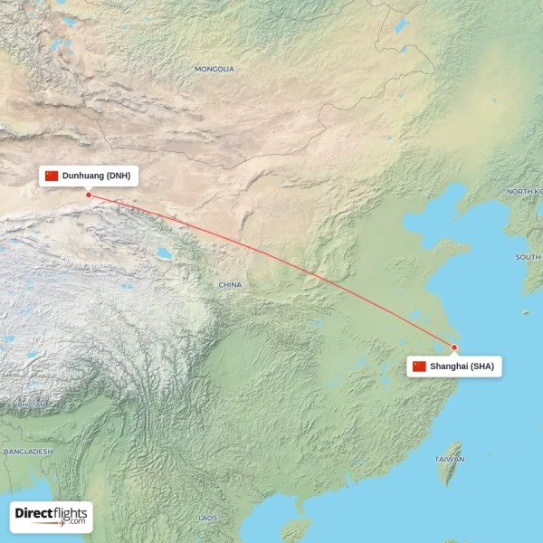 Shanghai - Dunhuang direct flight map