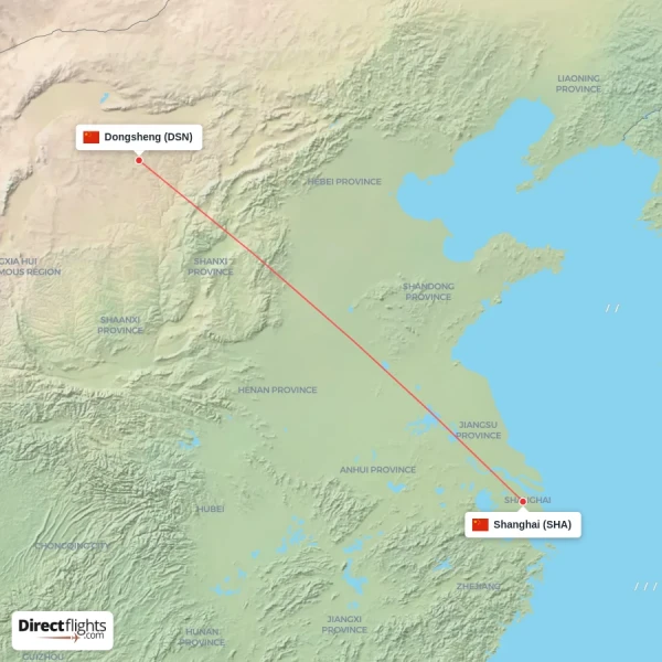 Shanghai - Dongsheng direct flight map