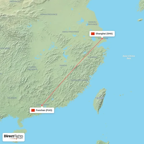 Shanghai - Fuoshan direct flight map