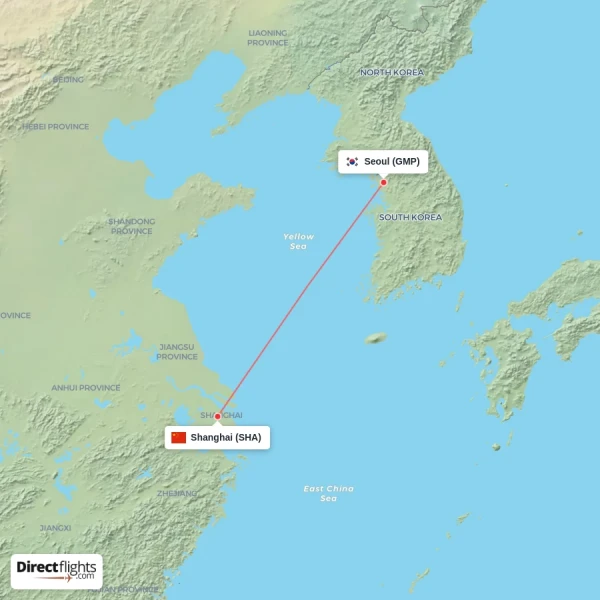 Shanghai - Seoul direct flight map