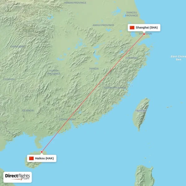 Shanghai - Haikou direct flight map