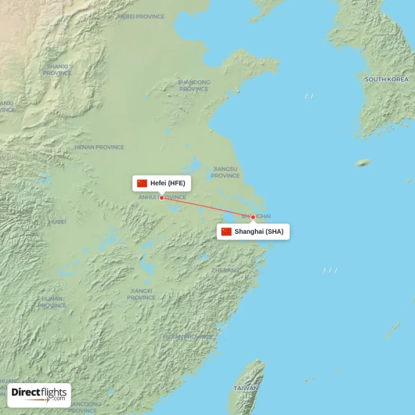 Shanghai - Hefei direct flight map