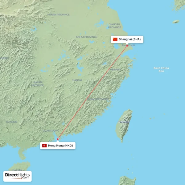 Shanghai - Hong Kong direct flight map
