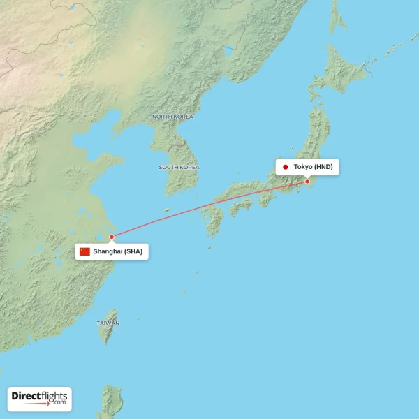 Shanghai - Tokyo direct flight map