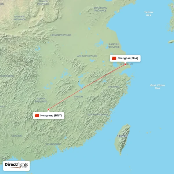 Shanghai - Hengyang direct flight map
