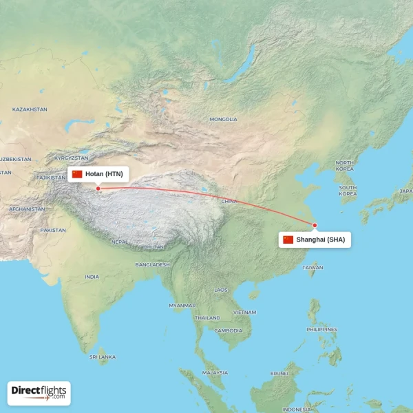 Shanghai - Hotan direct flight map