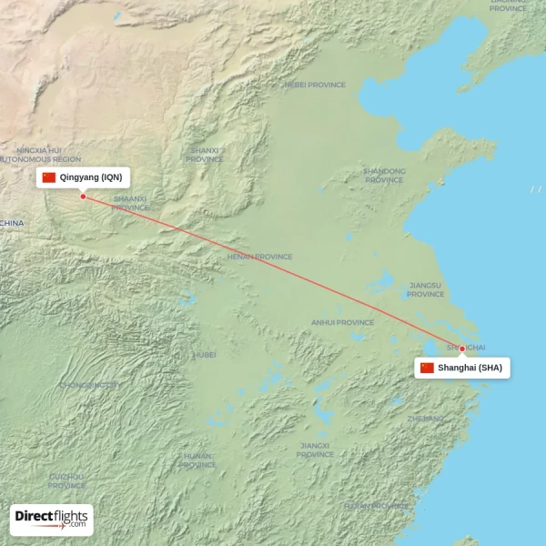 Shanghai - Qingyang direct flight map
