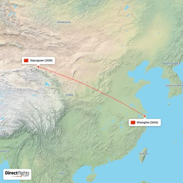 Shanghai - Jiayuguan direct flight map