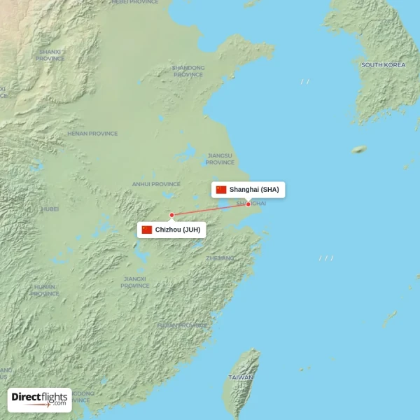 Shanghai - Chizhou direct flight map