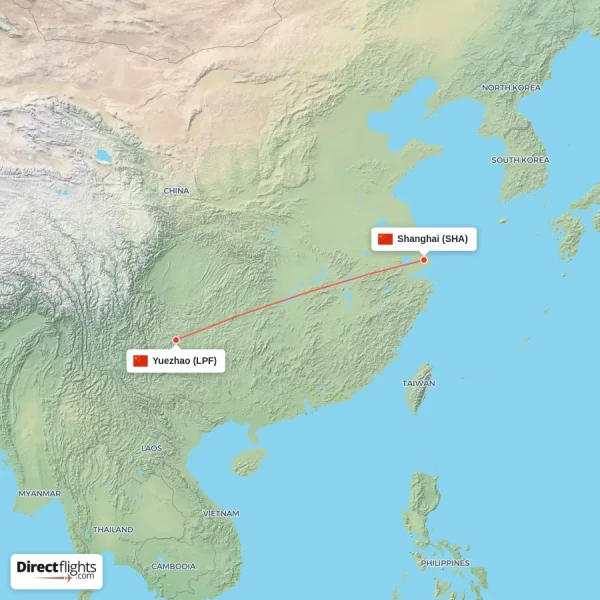 Shanghai - Yuezhao direct flight map