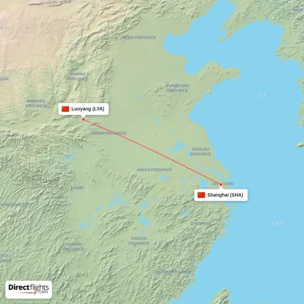 Shanghai - Luoyang direct flight map