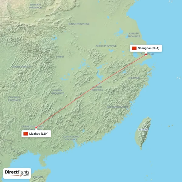 Shanghai - Liuzhou direct flight map