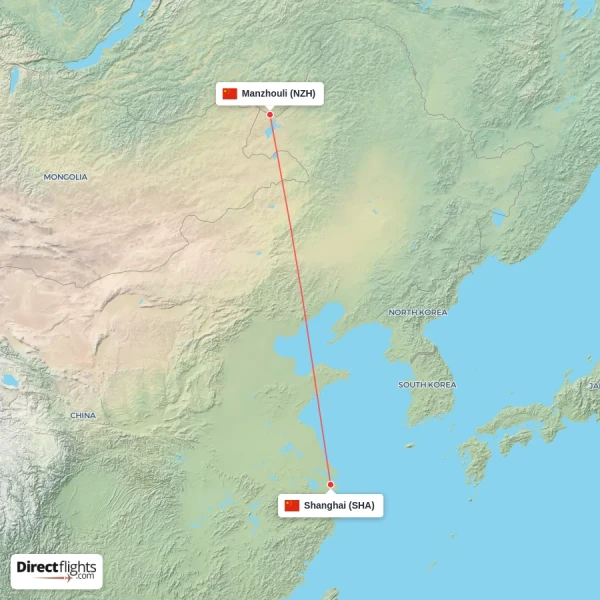 Shanghai - Manzhouli direct flight map