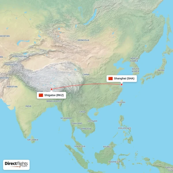 Shanghai - Shigatse direct flight map