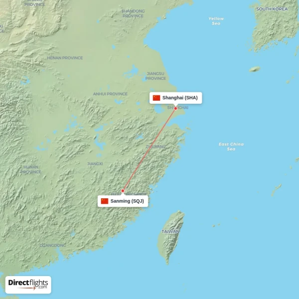 Shanghai - Sanming direct flight map