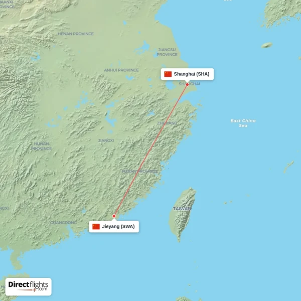 Shanghai - Jieyang direct flight map