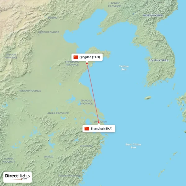 Shanghai - Qingdao direct flight map