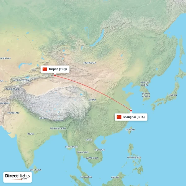 Shanghai - Turpan direct flight map