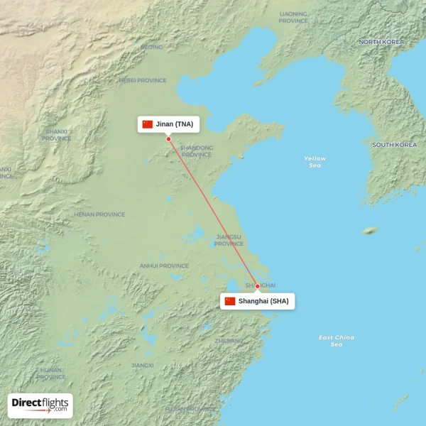 Shanghai - Jinan direct flight map