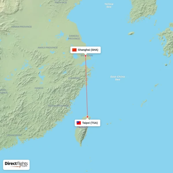 Shanghai - Taipei direct flight map