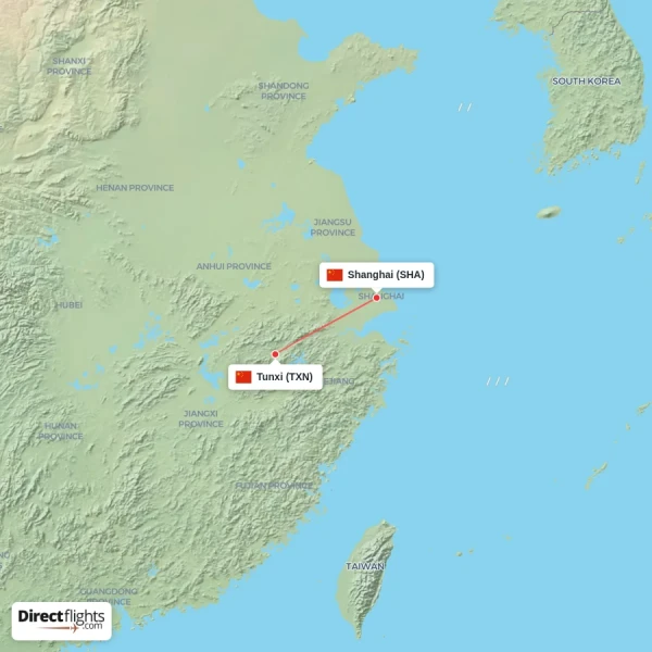 Shanghai - Tunxi direct flight map