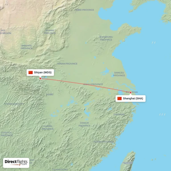 Shanghai - Shiyan direct flight map