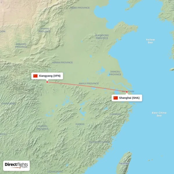 Shanghai - Xiangyang direct flight map