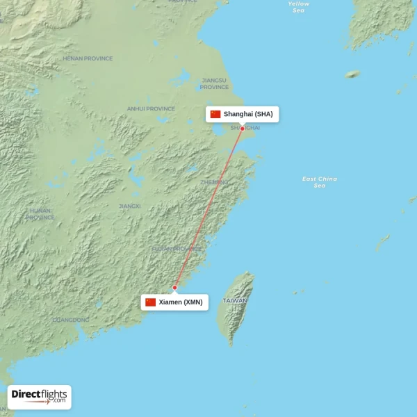 Shanghai - Xiamen direct flight map