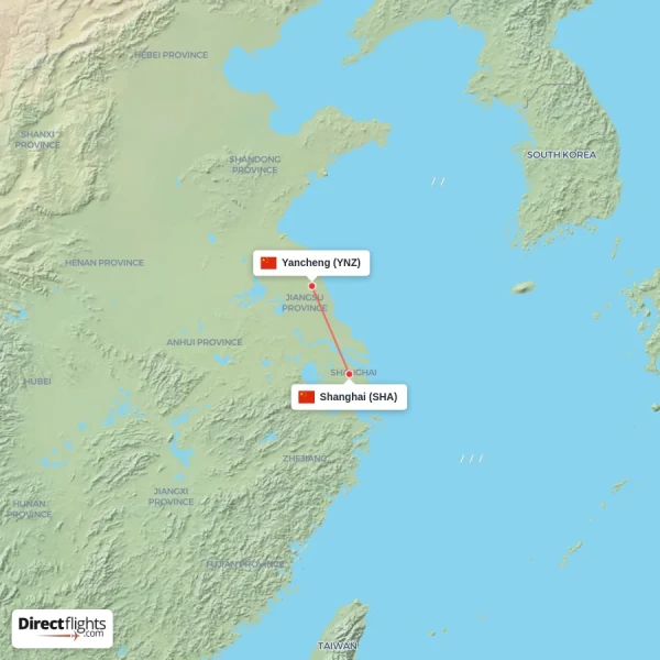 Shanghai - Yancheng direct flight map