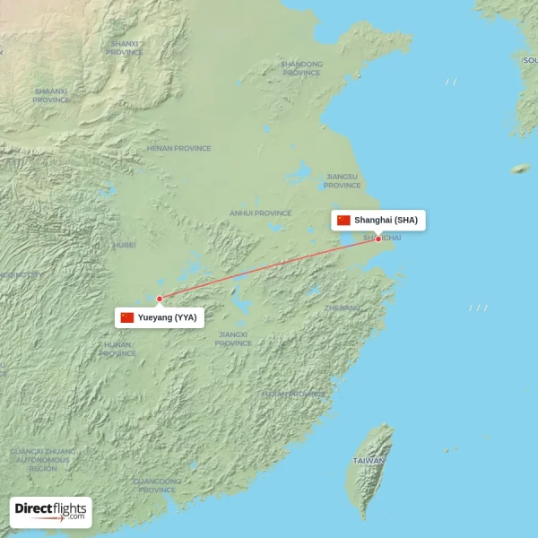 Shanghai - Yueyang direct flight map