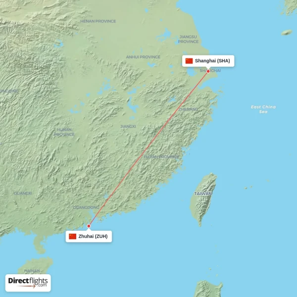 Shanghai - Zhuhai direct flight map