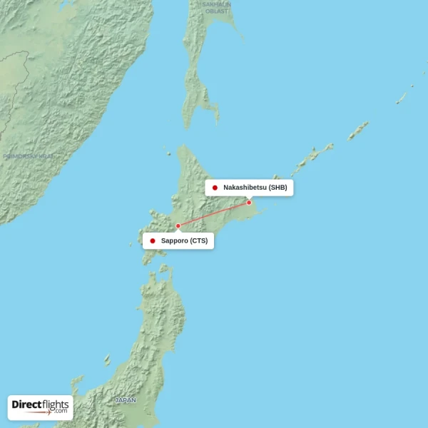 Nakashibetsu - Sapporo direct flight map